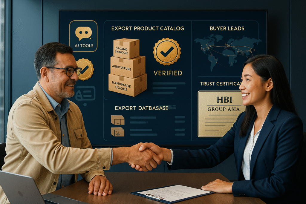 Verified exporter shaking hands with a buyer, digital certificate, and AI dashboard tools shown as part of the HBI Cooperate Program onboarding system.