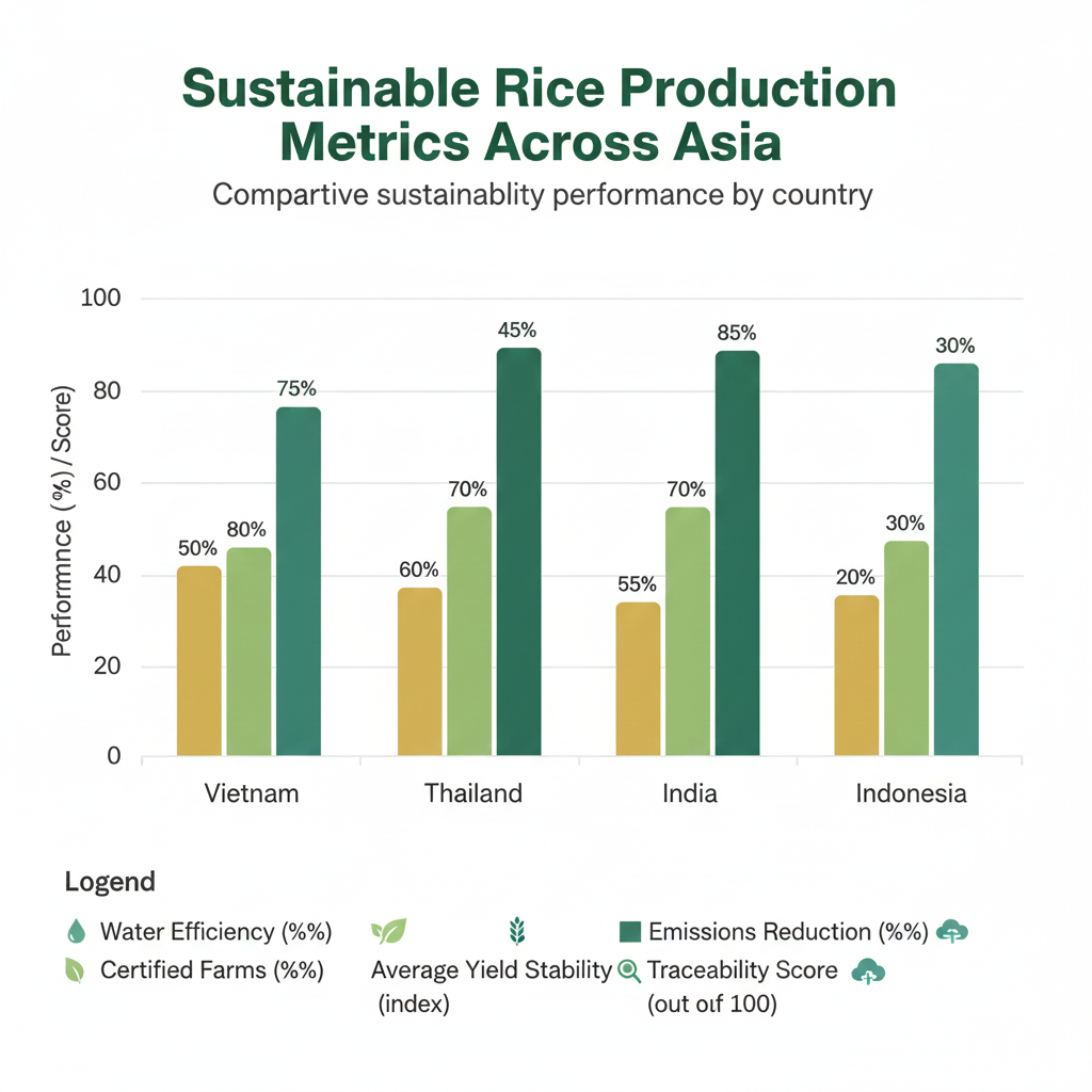 Sustainable rice production metrics across Asian countries graph