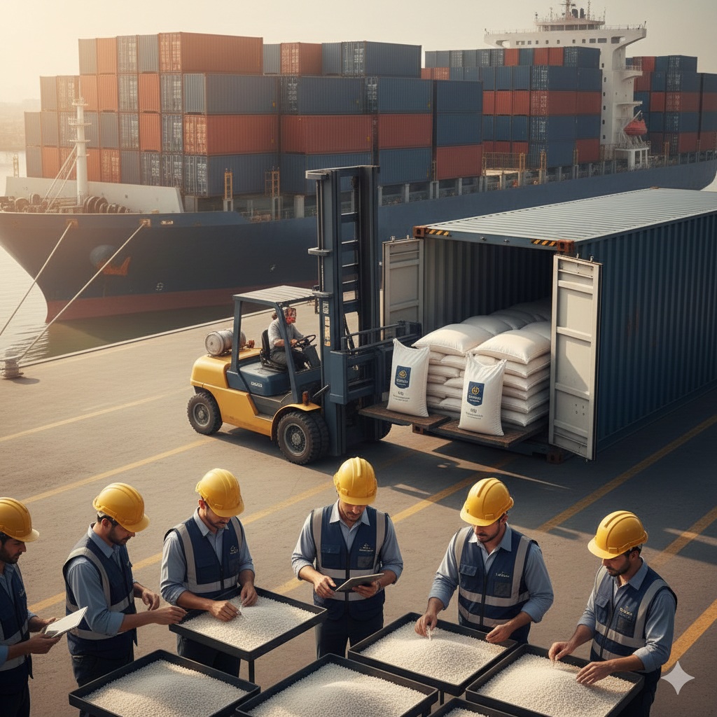 Visual summary of HBI Group Asia's quality control process from milling to container sealing for agro commodities.