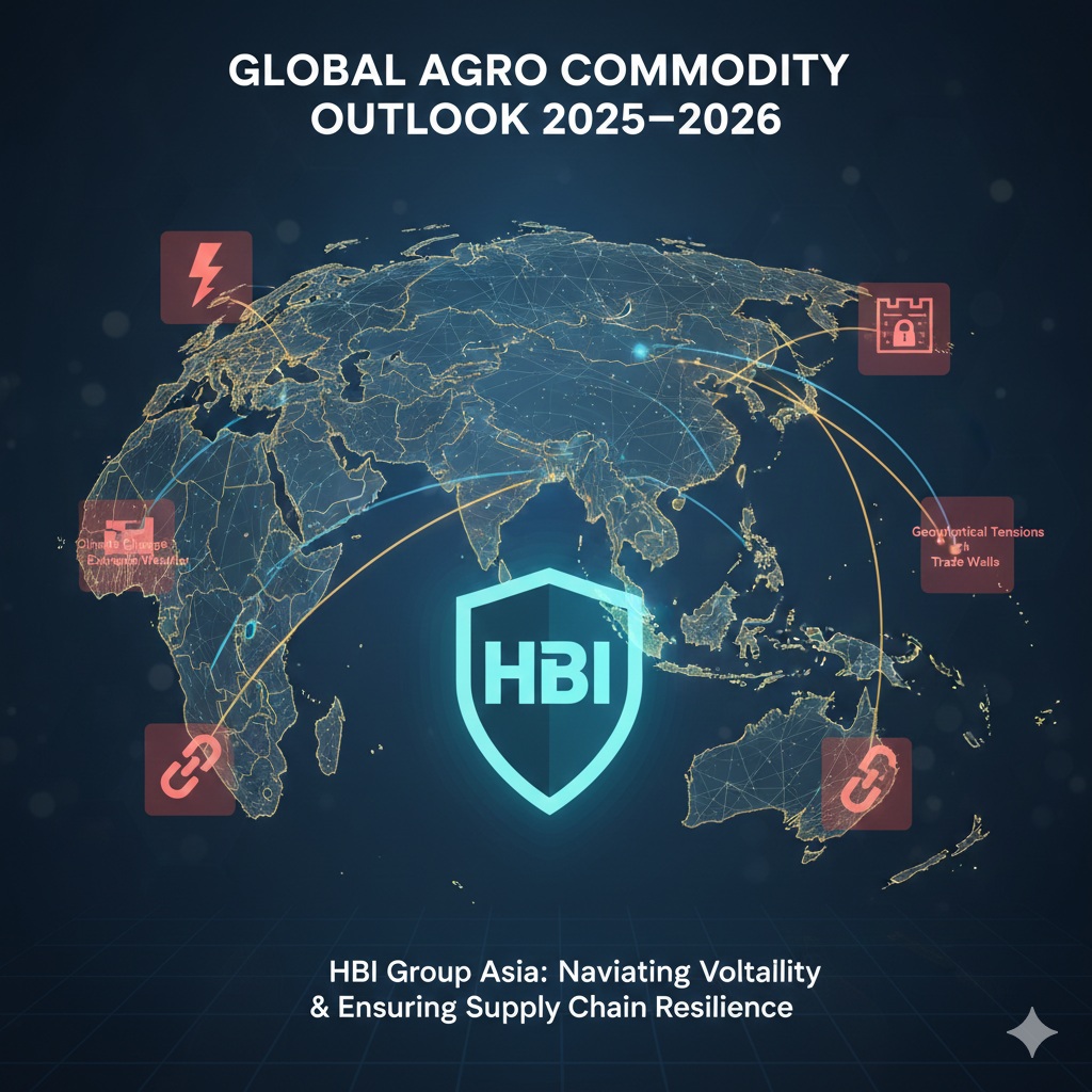 Visual summary of HBI Group Asia's market intelligence and risk mitigation strategy for global agro commodity trends in 2026.