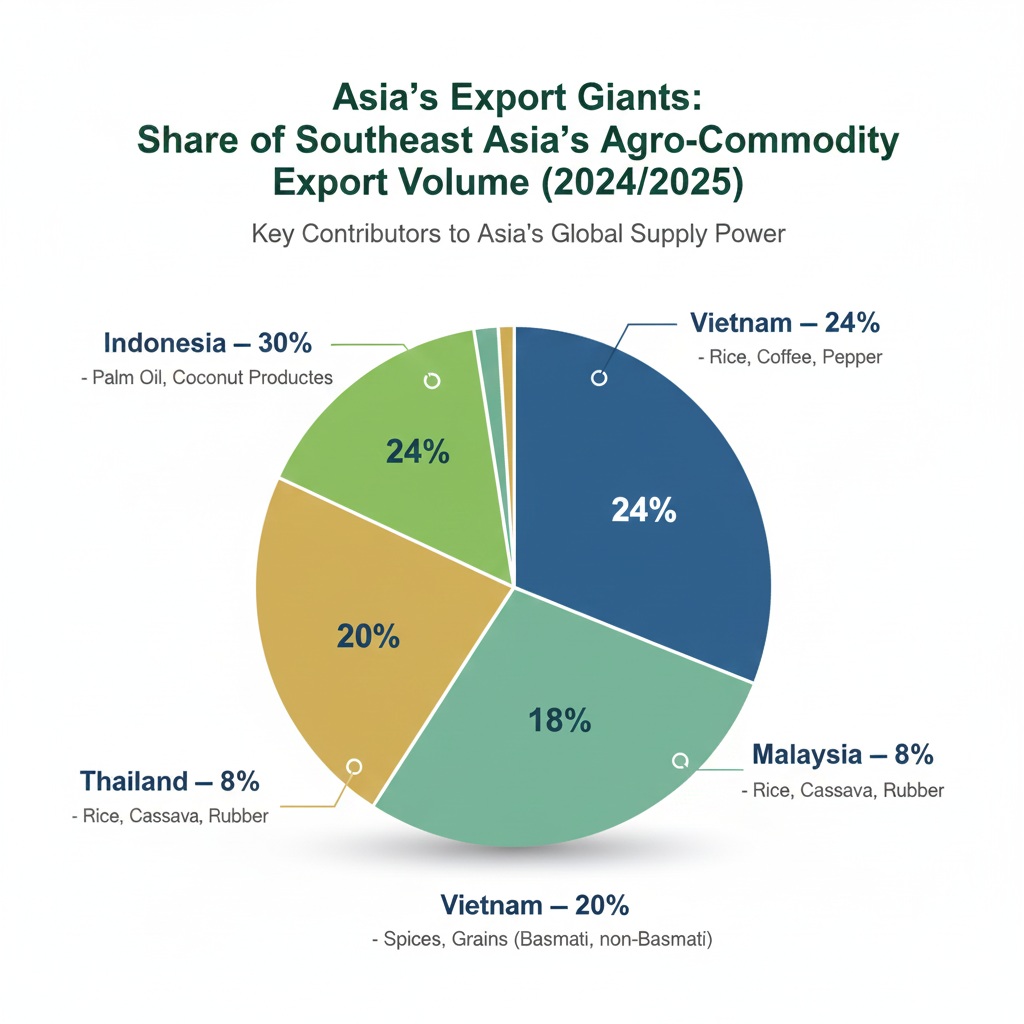 Pie chart: Southeast Asia agro-commodity export share 2025 — Indonesia 30%, Vietnam 24%, India 20%, Thailand 18%, Malaysia 8%; showing leading products by country (palm oil, rice, spices, coffee, rubber).