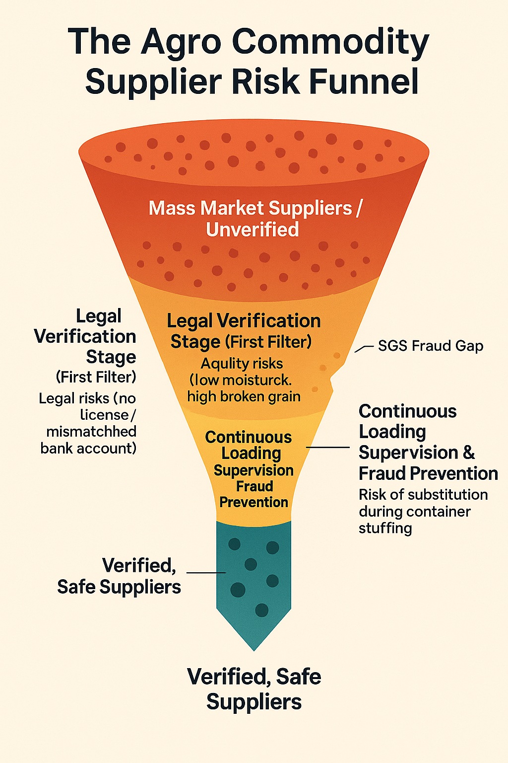 Vertical funnel diagram showing the 5 stages of risk filtration—from mass market suppliers to verified, safe sources—for Asian agro commodity exports.