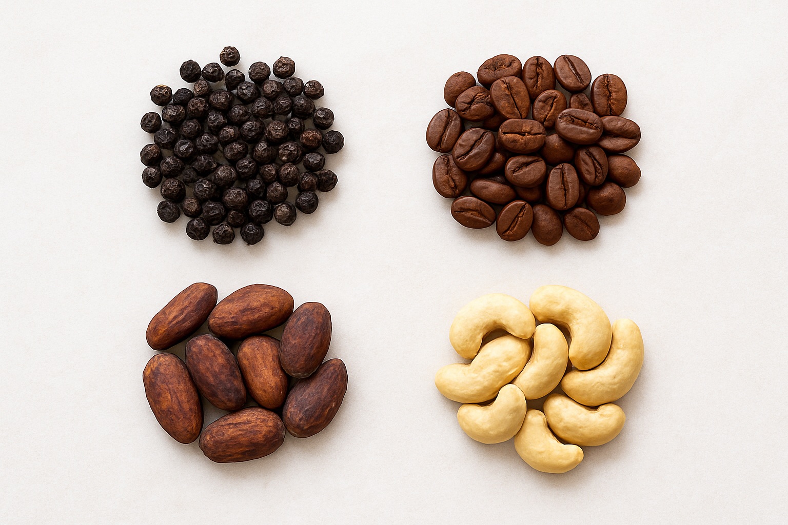 A clean, high angle flat lay photo of four Asian commodities: a handful of black pepper, roasted coffee beans, dried cocoa beans, and shelled cashews, each separated on a light wooden background.