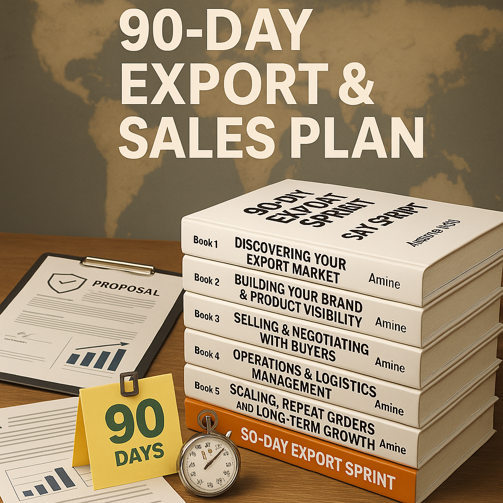 Exporter checking pricing sheets, shipping terms, and buyer requirements to ensure a smooth first deal.