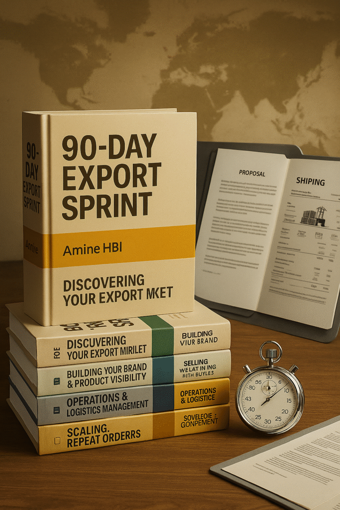 A professional business owner reviewing an export plan with High Business International branding, surrounded by global maps, cargo ships, and trade documents representing the 90-Day Export Sprint program.