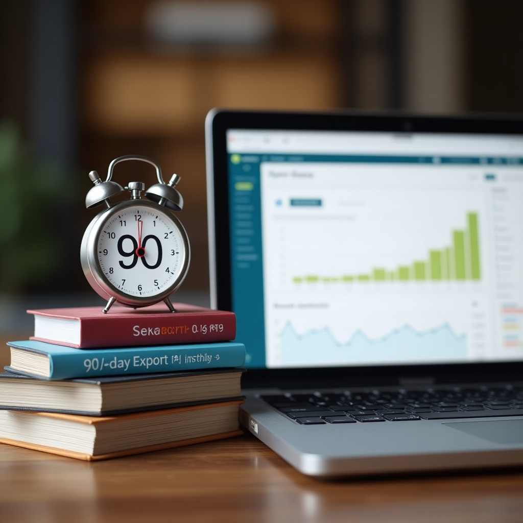 An SME owner planning an export launch with High Business International resources on screen, including the 90 Day Export Sprint books, buyer leads, and verified trust elements.