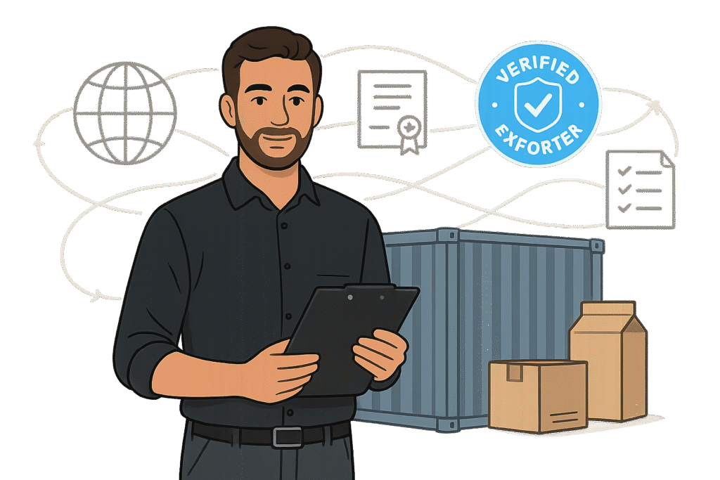 Visual interface of a digital catalog, AI assistant chat, and a checklist for buyer matching, showing real tools provided to Basic Plan users.