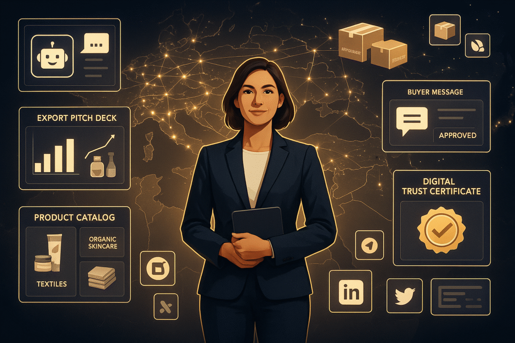 Visual of export support tools including AI chat, pitch decks, digital product catalog, trust certificate, and buyer deal confirmation all shown in the HBI interface.