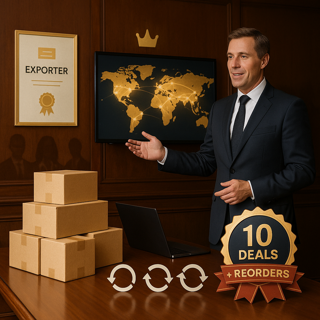 A professional exporter presenting to international buyers via a digital screen showing export growth charts, reorder stats, and a trust badge.