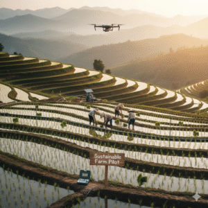 Terraced Southeast Asian rice field in planting season with farmers, solar water pump, drip irrigation and drone monitoring.