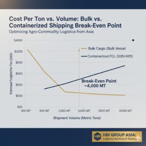 A line graph titled "Cost Per Ton vs. Volume: Shipping Break-Even Point." The X-axis represents Shipment Volume in Metric Tons (MT), ranging from 100 MT to 10,000 MT. The Y-axis represents Estimated Freight Cost Per Ton in USD. Two lines are plotted: the Containerized FCL line starts at a moderate cost and remains relatively flat, showing a higher cost per ton at large volumes. The Bulk Cargo line starts very high at low volumes (reflecting fixed chartering costs) but drops sharply as volume increases, intersecting the Containerized FCL line at the Break-Even Point of approximately 4,000 MT. After the break-even point, Bulk Cargo becomes the significantly cheaper option per ton.
