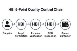 Flowchart showing the HBI 5-Point Quality Control Chain from sourcing to final container sealing, with checkpoints for supplier verification, factory audit, SGS testing, loading supervision and secured export.