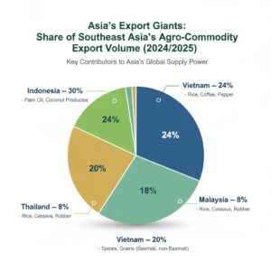 A pie chart illustrating the 2025 agro-commodity export share in Southeast Asia: Indonesia 30%, Vietnam 24%, India 20%, Thailand 18%, Malaysia 8%. The chart visualizes each country’s leading commodity categories such as palm oil, rice, coffee, spices, rubber, cassava, and coconut products.