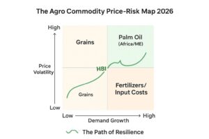 HBI Group Asia's Agro Commodity Price-Risk Map 2026, a 2x2 matrix charting commodity risk based on high/low Price Volatility and Demand Growth, emphasizing HBI's secure path of resilience.
