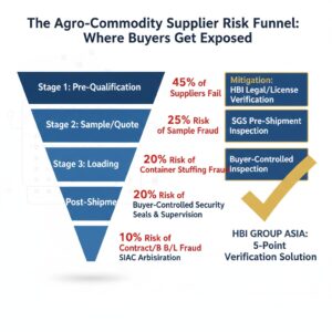 A corporate funnel diagram titled "The Agro-Commodity Supplier Risk Funnel." The funnel visually depicts the four main stages where buyers are exposed to risk when sourcing commodities from Asia, with the risk percentage decreasing at each step. The funnel is widest at the top (highest risk) and narrows at the bottom (lowest risk). The four stages are: Stage 1: Pre-Qualification (45% of Suppliers Fail) – Mitigated by HBI Legal/License Verification; Stage 2: Sample/Quote (25% Risk of Sample Fraud) – Mitigated by SGS Pre-Shipment Inspection; Stage 3: Loading (20% Risk of Container Stuffing Fraud) – Mitigated by Buyer-Controlled Security Seals & Supervision; and Stage 4: Post-Shipment (10% Risk of Contract/B/L Fraud) – Mitigated by Secure L/C Payment & SIAC Arbitration.