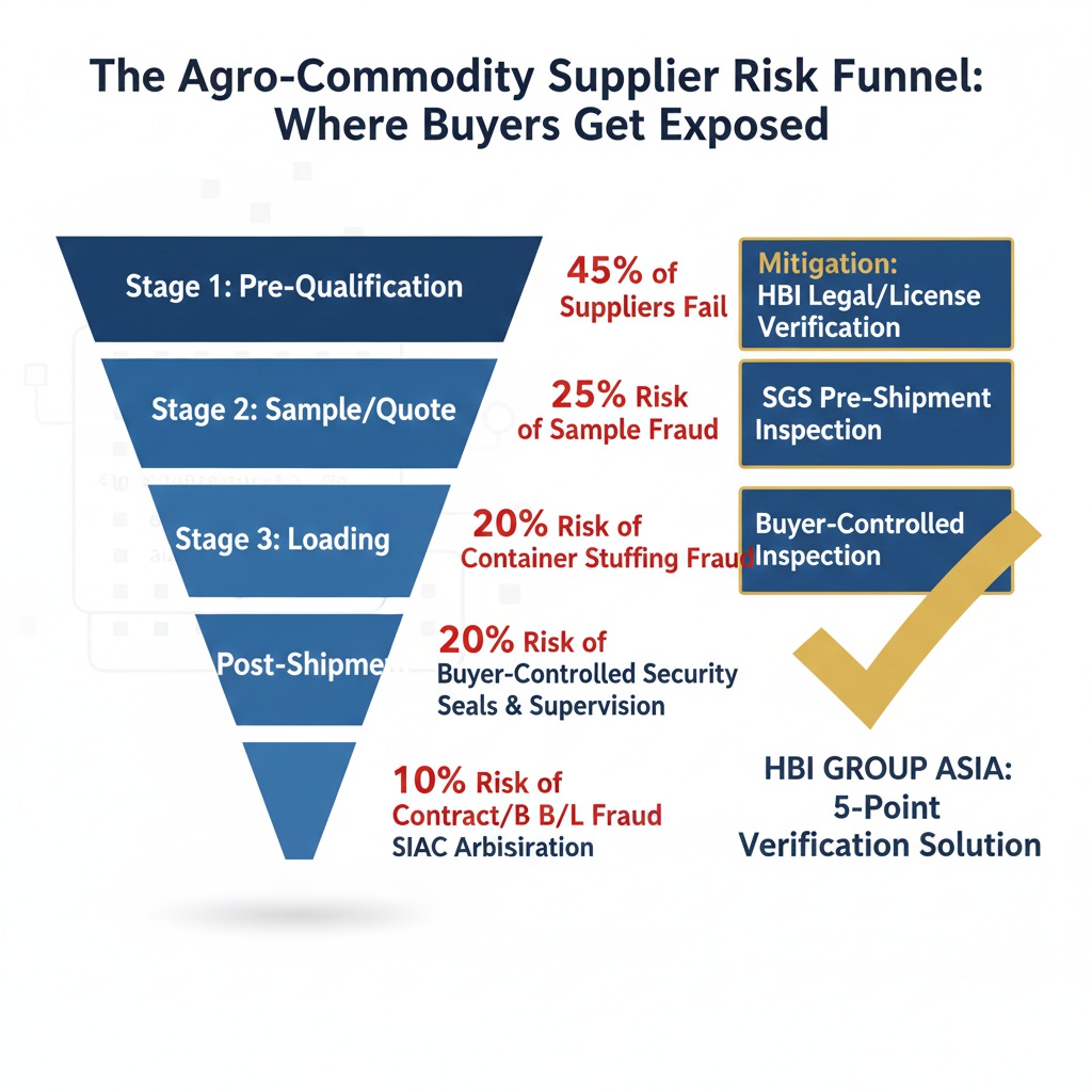A corporate funnel diagram titled "The Agro-Commodity Supplier Risk Funnel." The funnel visually depicts the four main stages where buyers are exposed to risk when sourcing commodities from Asia, with the risk percentage decreasing at each step. The funnel is widest at the top (highest risk) and narrows at the bottom (lowest risk). The four stages are: Stage 1: Pre-Qualification (45% of Suppliers Fail) – Mitigated by HBI Legal/License Verification; Stage 2: Sample/Quote (25% Risk of Sample Fraud) – Mitigated by SGS Pre-Shipment Inspection; Stage 3: Loading (20% Risk of Container Stuffing Fraud) – Mitigated by Buyer-Controlled Security Seals & Supervision; and Stage 4: Post-Shipment (10% Risk of Contract/B/L Fraud) – Mitigated by Secure L/C Payment & SIAC Arbitration.