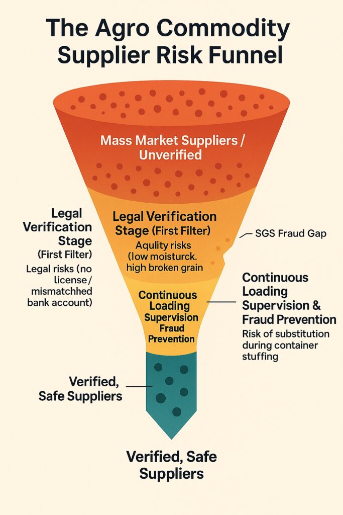 Vertical funnel diagram showing the 5 stages of risk filtration from mass market suppliers to verified, safe sources. for Asian agro commodity exports.
